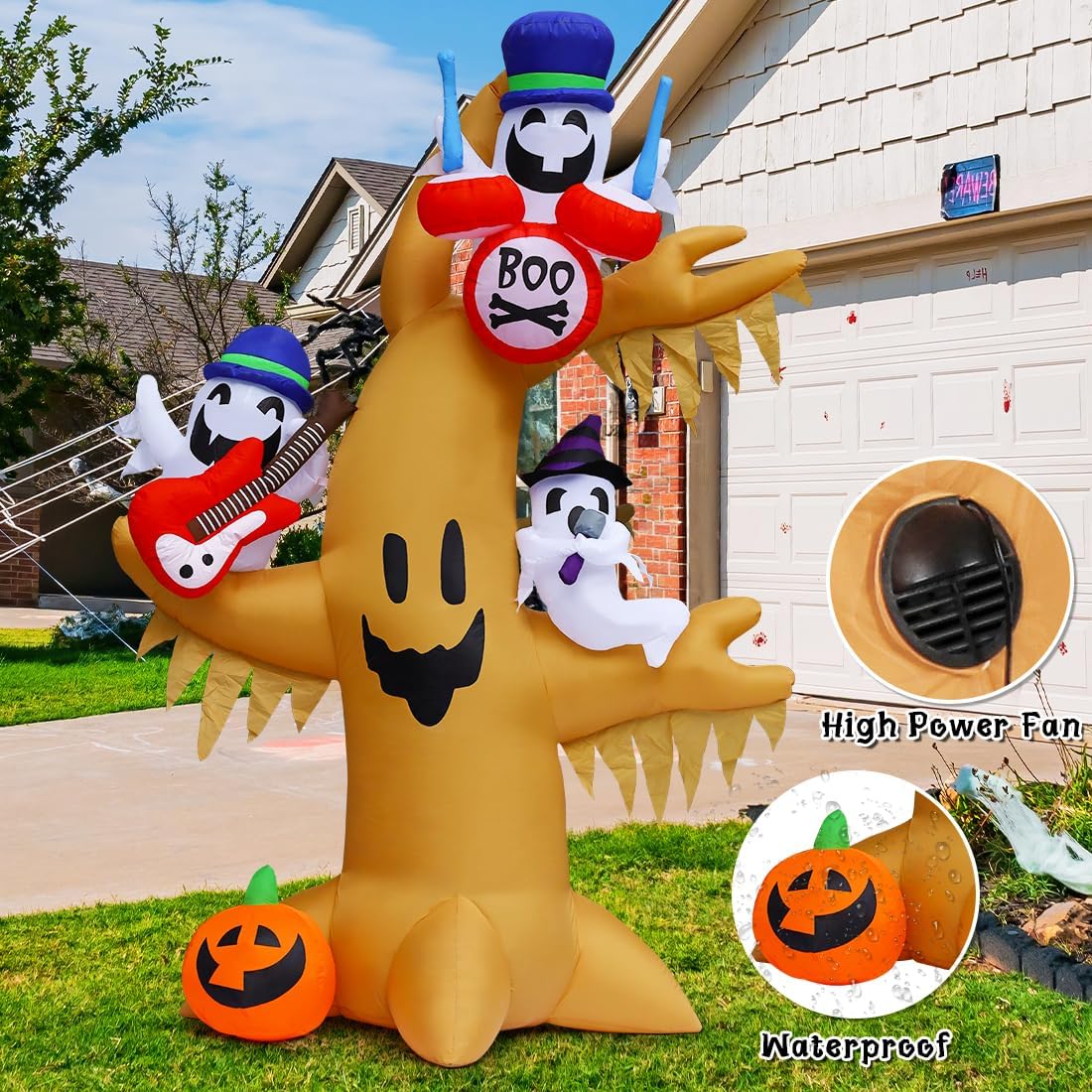 GOOSH 8 FT Halloween Inflatable Outdoor Ghost Tree with Pumpkin, Blow Up Yard Decoration Clearance with LED Lights Built-in for Holiday/Party/Yard/Garden