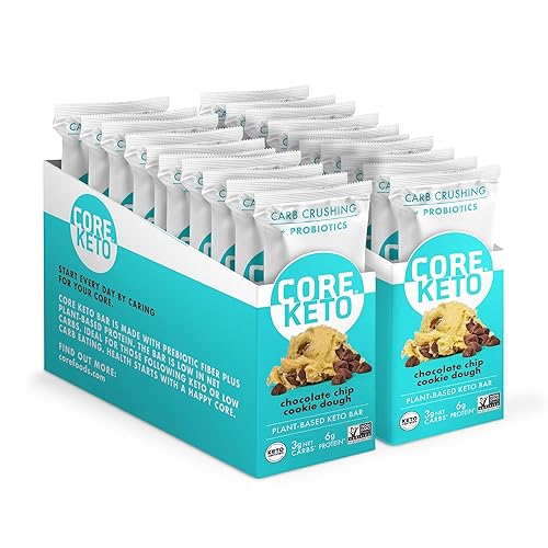 CORE Barras keto refrigeradas a base de plantas, barras bajas en azúcar, altas en fibra con probióticos, paquete de 20, masa de galletas con chispas