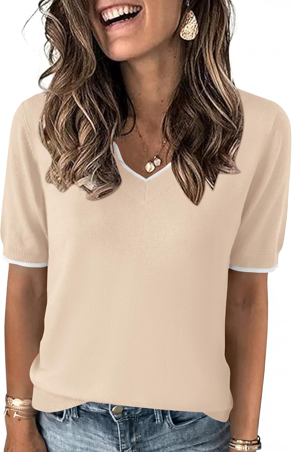 LOMON Womens 2026 Spring V Neck Sweater Casual Tops Short Sleeve Lightweight Ribbed Knit Pullover Sweaters - Image 2