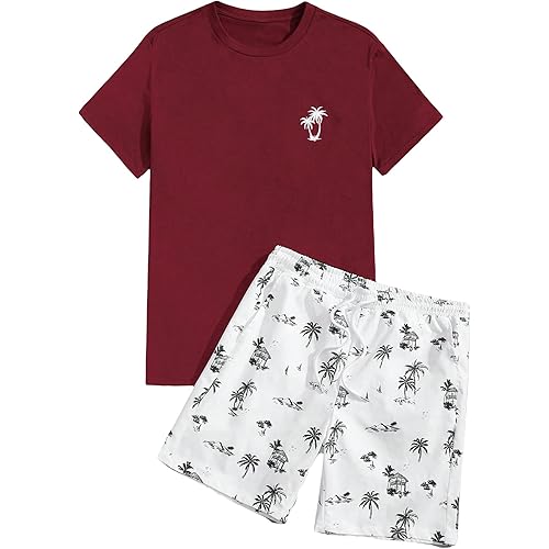 GORGLITTER Men's 2 Piece Short Sleeve Graphic Tee Hawaiian Printed Drawstring Shorts Set