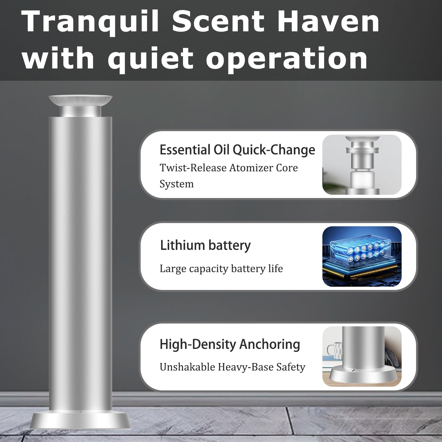 Wirless Rechargeable Waterless Scent Diffuser Kit, Includes 5 Premium Oils, 2000 Sq.Ft Coverage,Hotel Scent Diffuser for Home, Studio, Cordless Essential Oil Diffuser Large Room, APP Control - Silver - Image 4