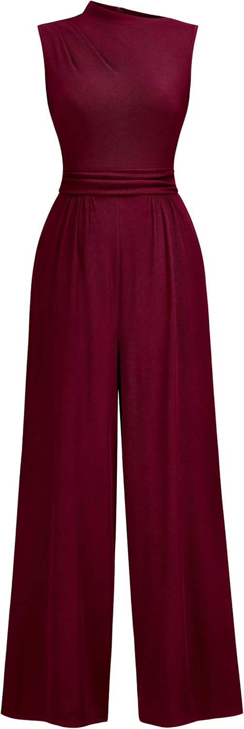 Miusol Women's Casual Sleeveless Mock Neck Ruched Wide Leg Jumpsuit Summer Formal Long Romper with Pockets