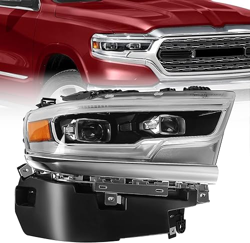 FIONE Para Dodge Ram 1500 LED Conjunto de faros delanteros 2019 2020 2021 2022, cubierta negra con lente de condensador, conjunto de faros