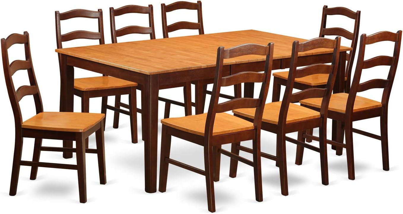 East West Furniture HENL9-BRN-W 9 Piece Kitchen Table & Chairs Set Includes a Rectangle Dining Room Table with Pedestal and 8 Dining Chairs, 42x72 Inch, Brown