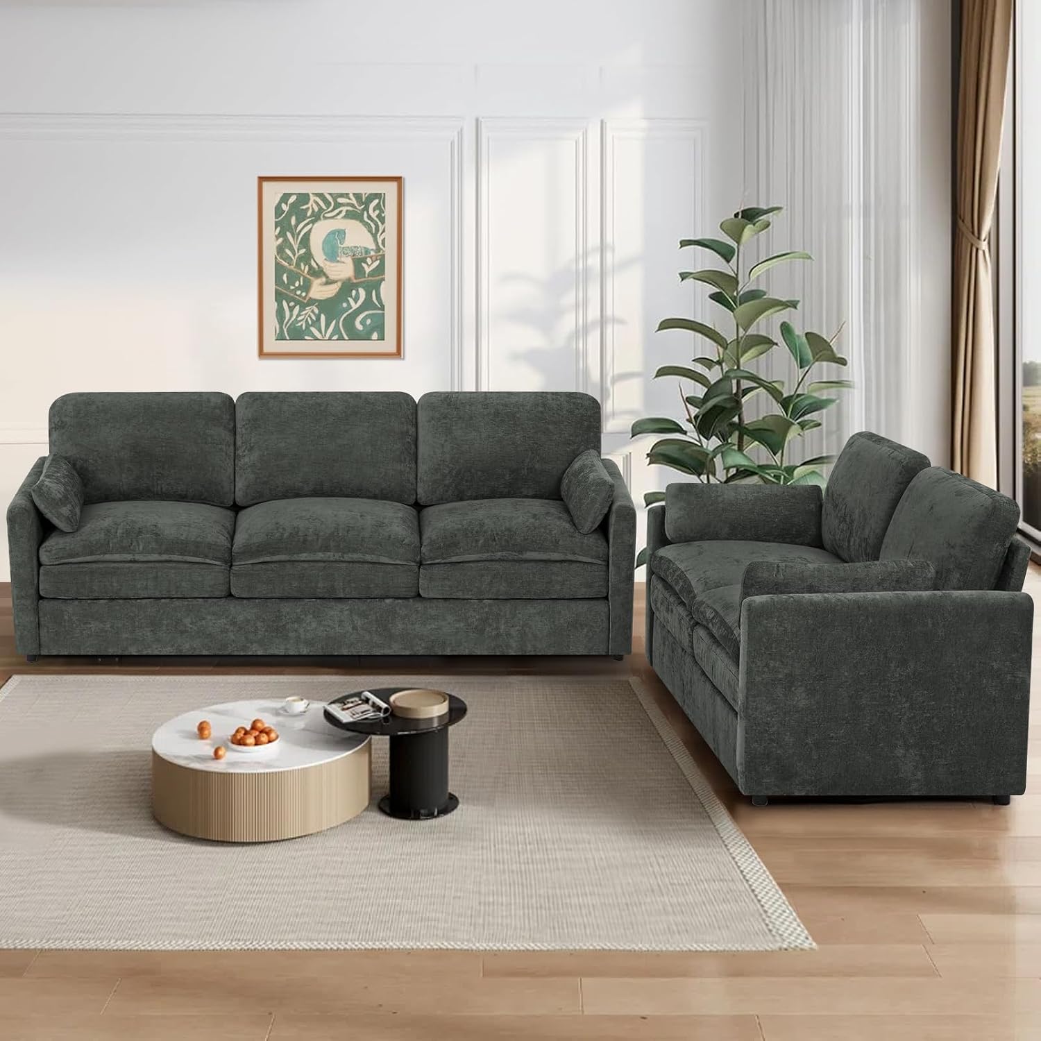 Chenille Sofa Set Loveseat & 3-Seater with Pillows Grey - Modern Comfortable High-Density Foam