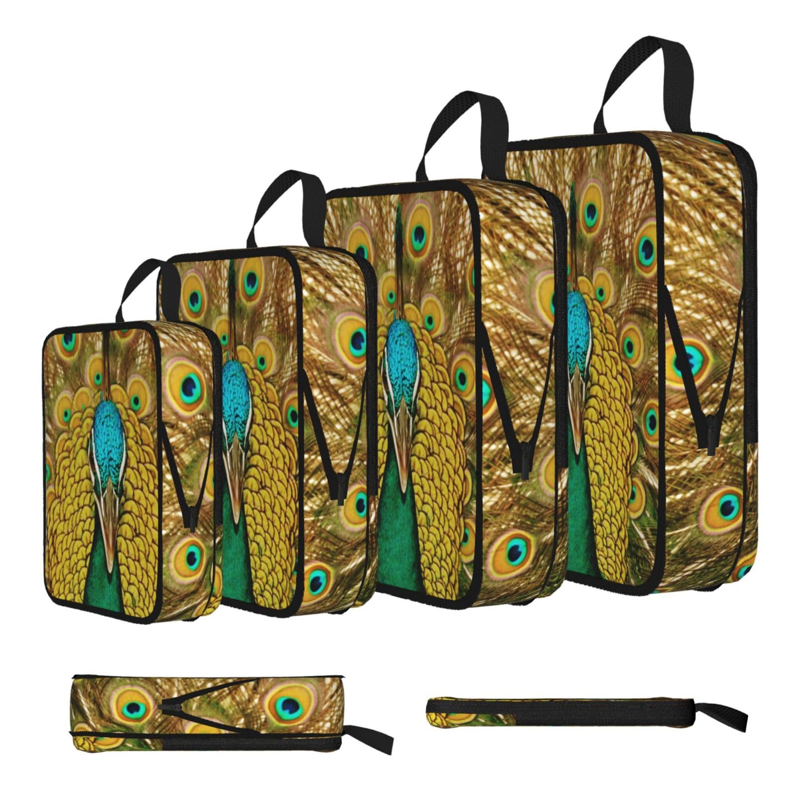 Peacock Print 4 Set Compression Packing Cubes For Suitcases,Expandable Storage Bags Organizers