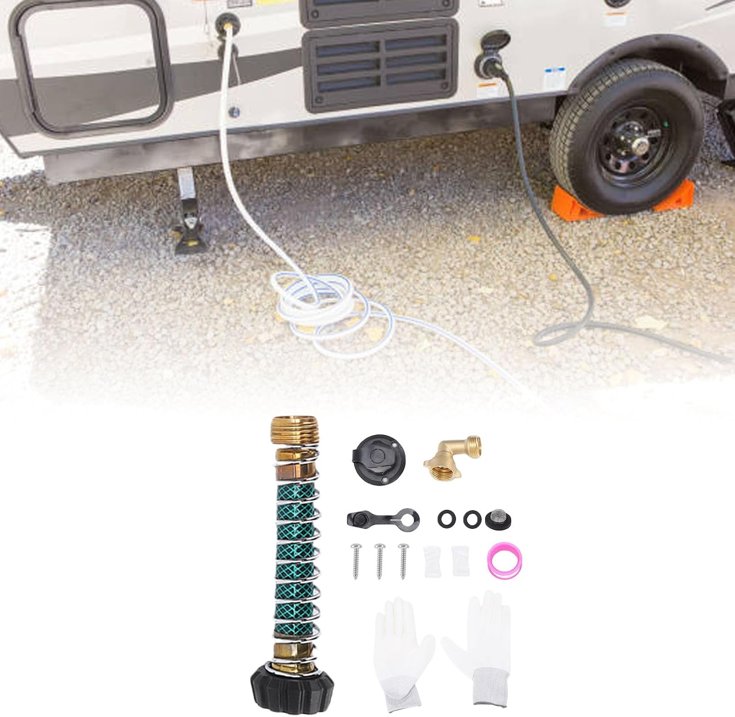 Aramox RV Water Inlet Flange Kit, 3/4 inch NH Female to 1/2 inch NPT Male, 90 Degree Connector with Check Valve, Filter Net, Dust Plug