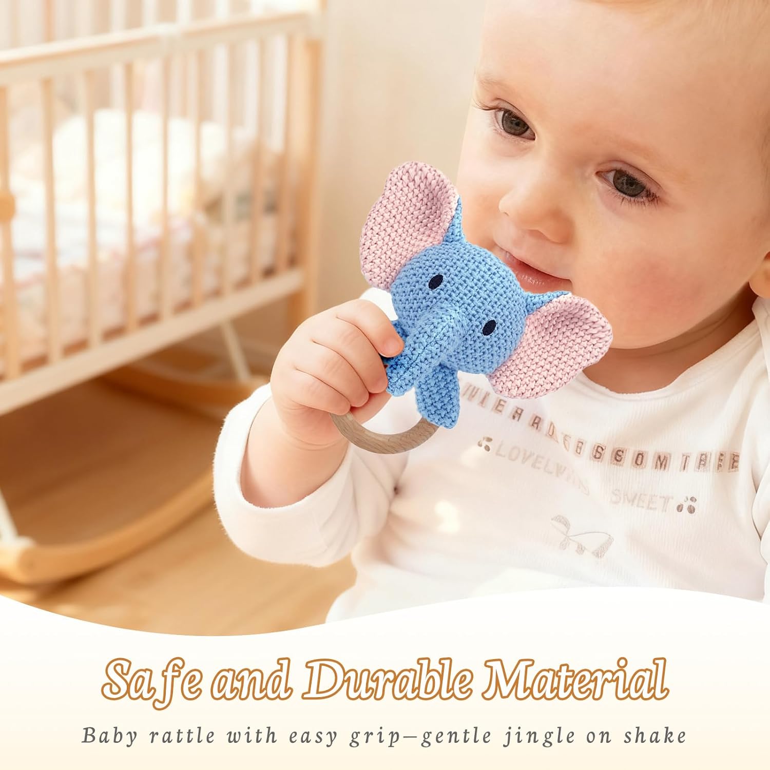 10" Crochet Elephant Stuffed Animal with Rattle, Pure Cotton Soft Crochet Doll Plush Toy for Newborn, Handmade First Birthday Gift