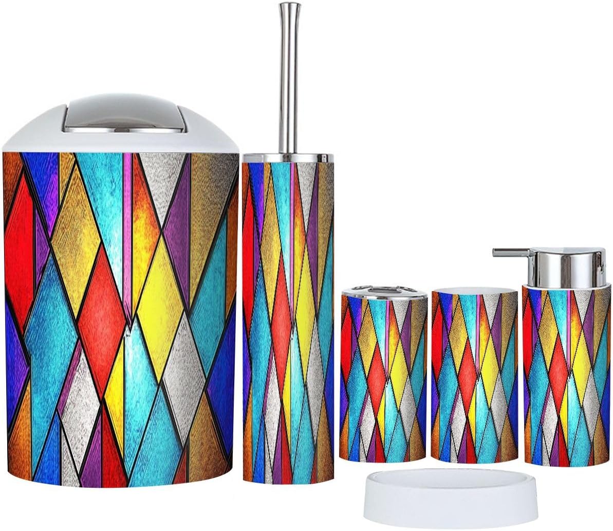 Bathroom Accessory Set 6 Piece Boho Stained Glass Window Abstract Colorful Stained Geometric Decor for Trash Can, Toothbrush Holder, Soap Dispenser, Soap Dish, Toothbrush Cup, Toilet Brush Holder