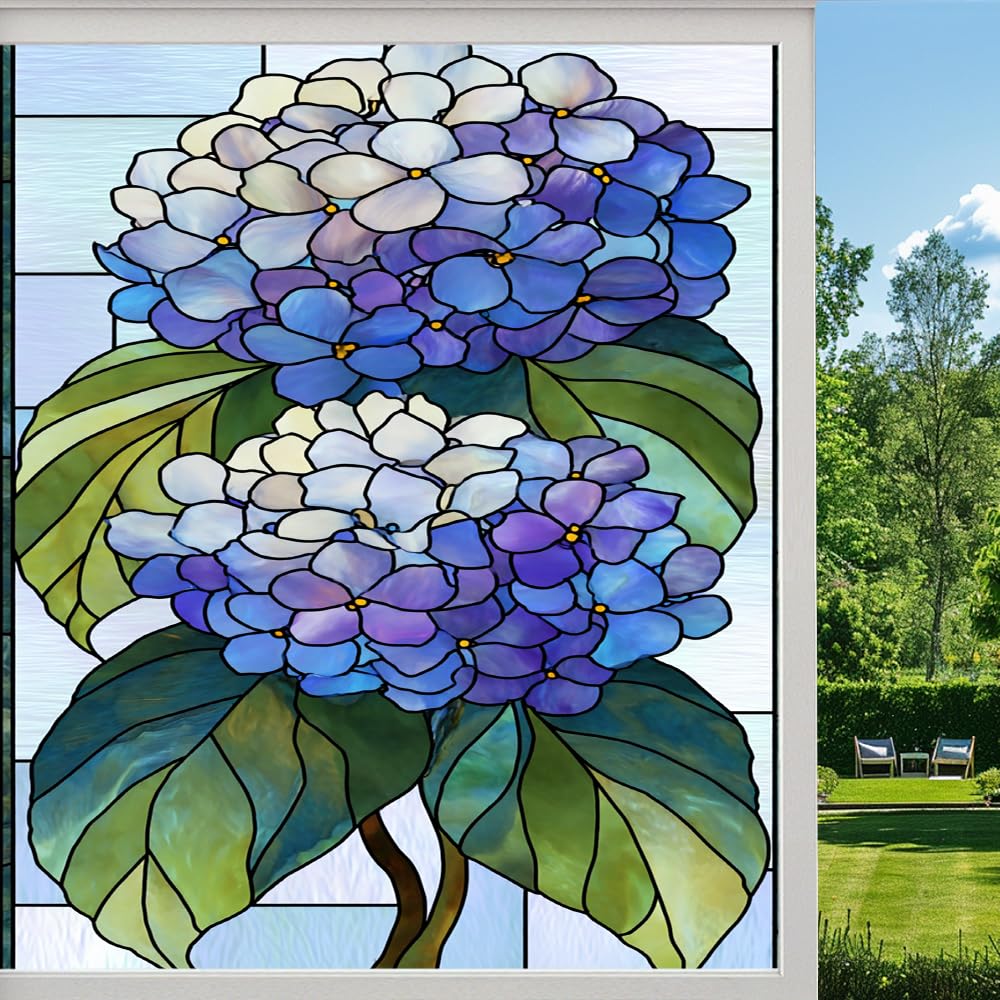 Abstract Flowers Frosted Window Film, Colorful Hydrangea Natural Plants Stained Glass Privacy Film, Heat Insulation Self-Adhesive Vinyl for Bathroom Office, （55x100cm）