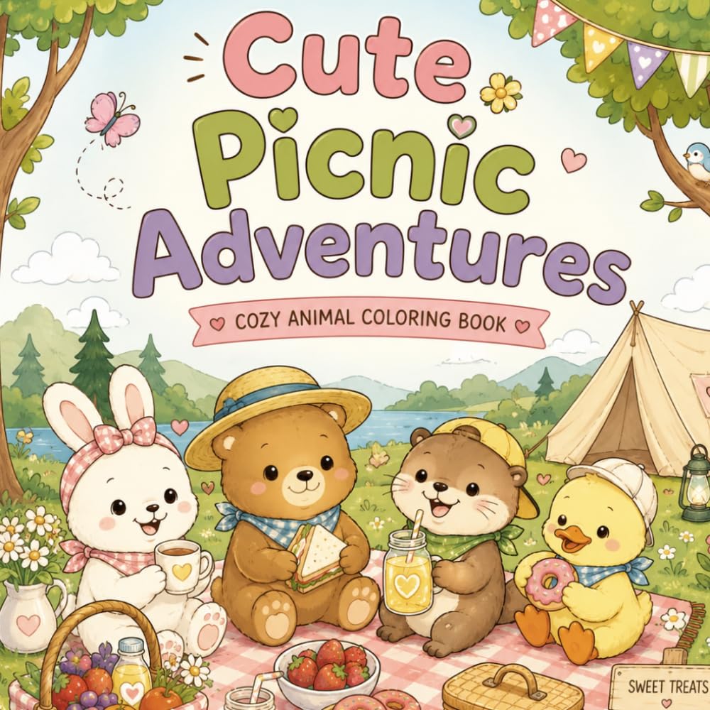 Cute Picnic Adventures Coloring Book: Cozy Animal Coloring Book Featuring Sweet Treats, Camping Fun, Outdoor Adventures & Adorable Animal Friends