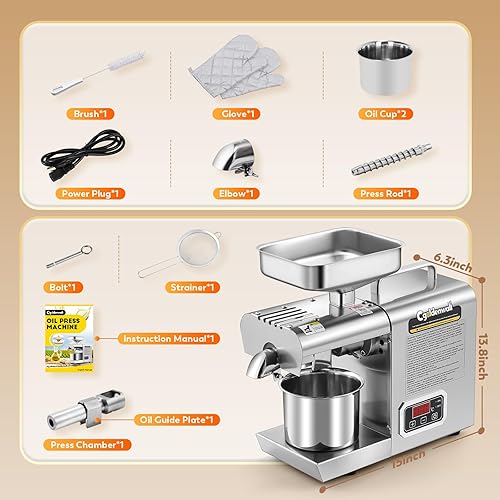 Miniatura 7 de CGOLDENWALL Máquina de Prensa de Aceite, Prensa Automática de Aceite, Extractor de Aceite de 1000W para Prensado en Frío y Caliente, Extractor de