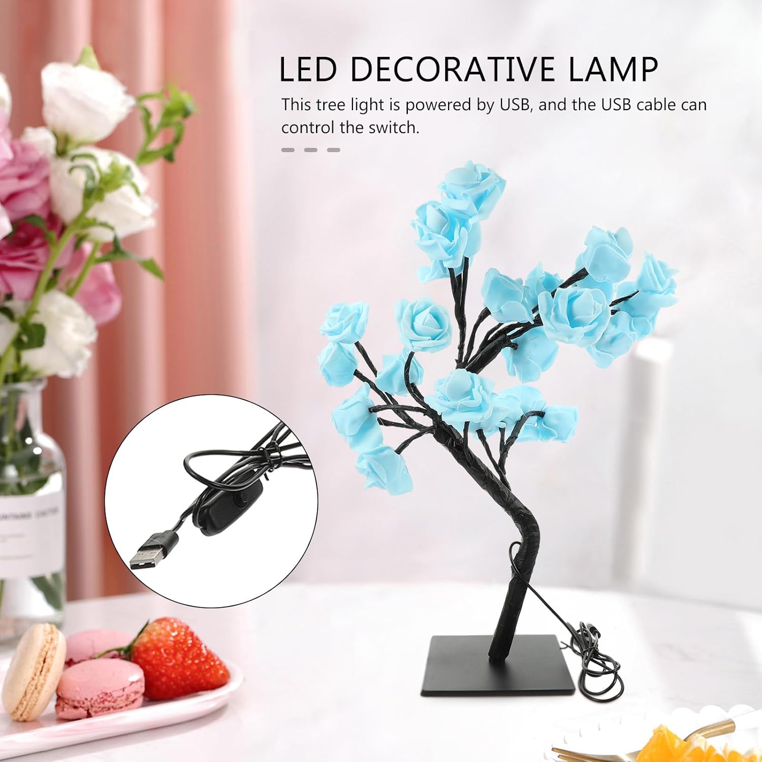 OSALADI LED Rose Tree Light Blue Rose Tree Light USB Powered Tabletop Bonsai s Table Lamp for Birthday Mother's Day