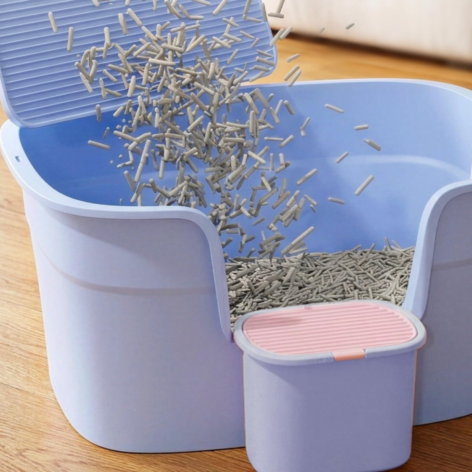 Cassettina per Gatti Lettiera Box Vassoio Contenitore Ampio con Ingresso Frontale Apertura Bassa per Accesso Facile in Polipropilene Resistente Adatta, Viola Grigio Chiaro