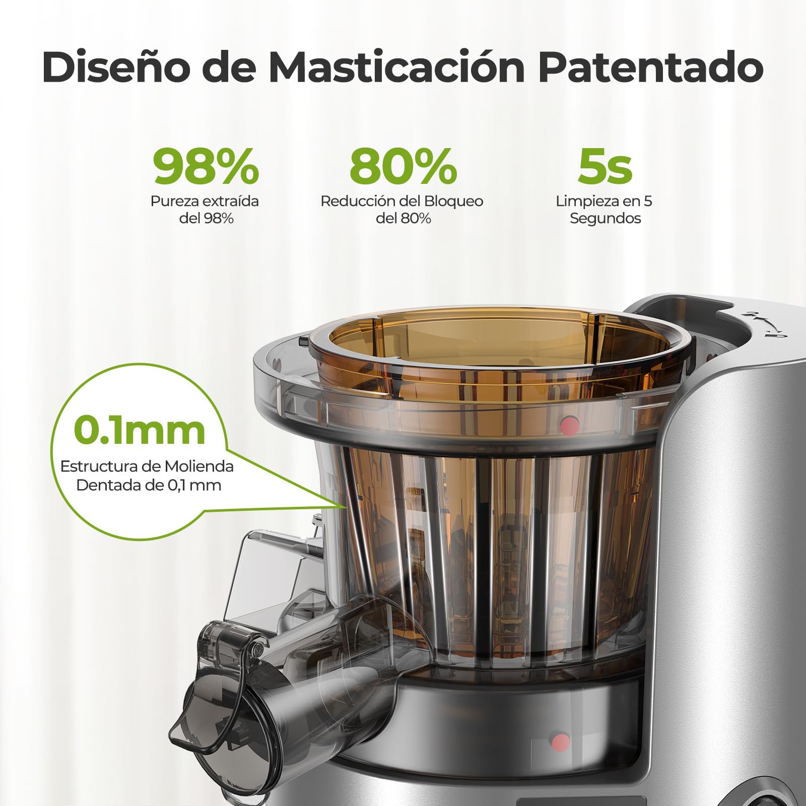 AIRMSEN Extractor de Zumos y Verduras, 82MM Apertura Extractor de Jugo para Verduras y Frutas Enteras, Licuadora Prensado en Frío Slow Juicer Sin BPA, Fácil de Instalar, 150W (Plata)