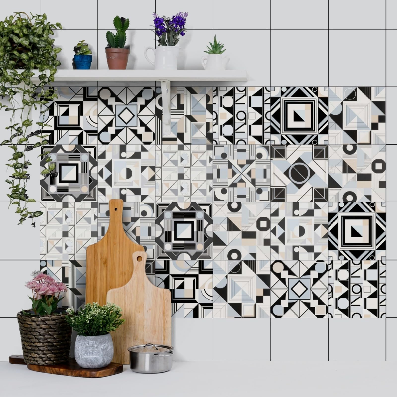 Tile Stickers Black Gray Geometry Stick on Kitchen Tiles Self Adhesive Wall PVC Peel and Covers Transfers Oil-Proof Splashbacks for Walls Removable 15x15cm/24 Pcs