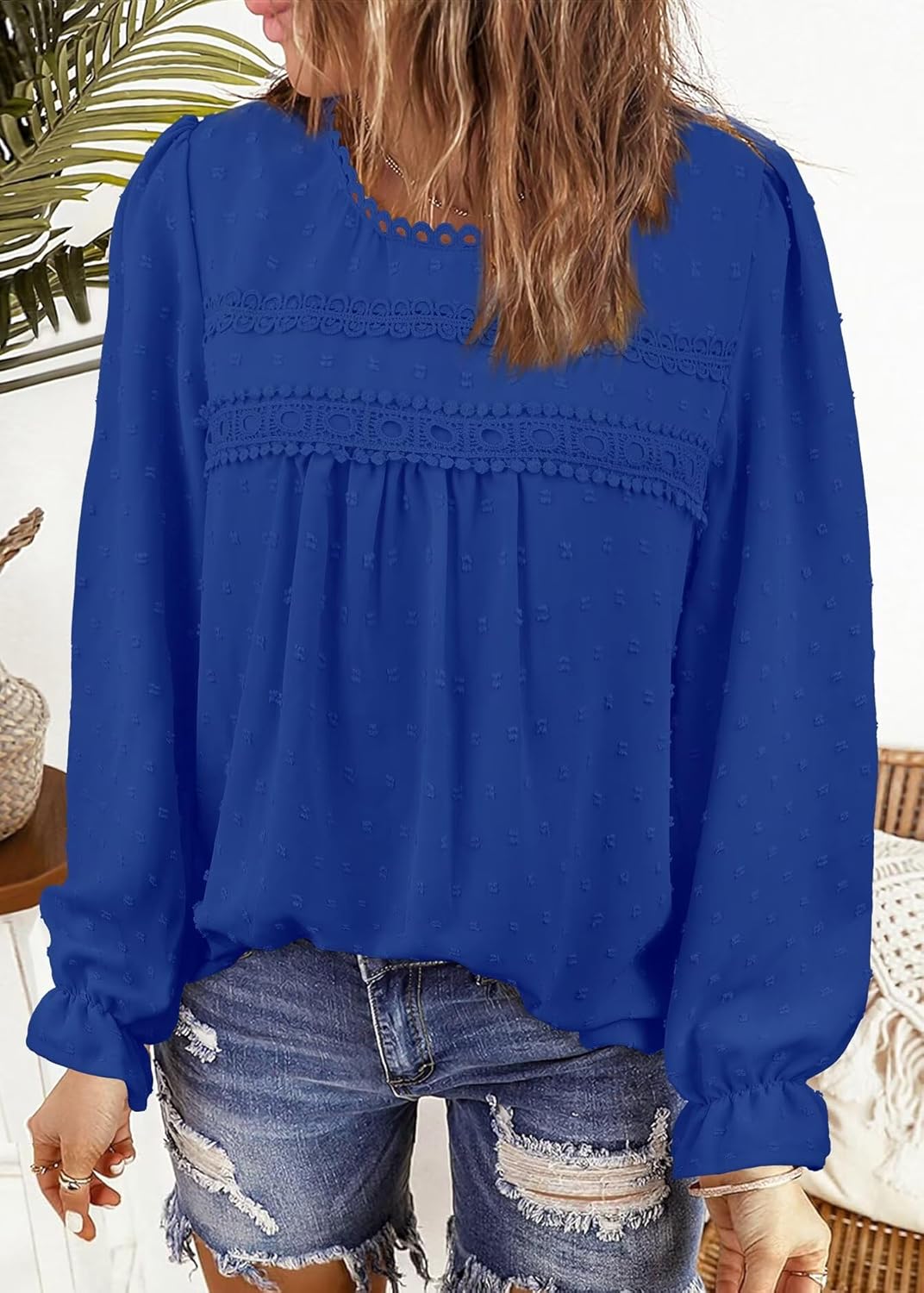 Womens Boho Tops Long Sleeve Shirts For Women Cute Crewneck Blouse Dressy Casual Swiss Dot Crochet Hollow Top 2026 - Image 4