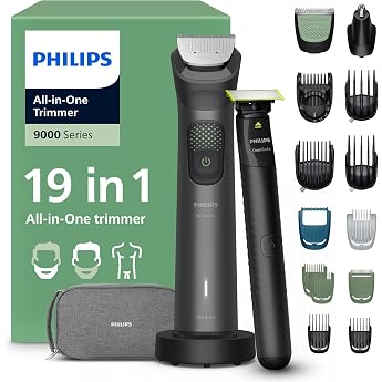 PHILIPS Multigroom Series 9000 All-in-One 19-Piece Beard Trimmer and Hair Trimmer + OneBlade Trimmer - Complete Care Set for Face Head & Body 27 Length Settings 0.2-20 mm MG9556/15