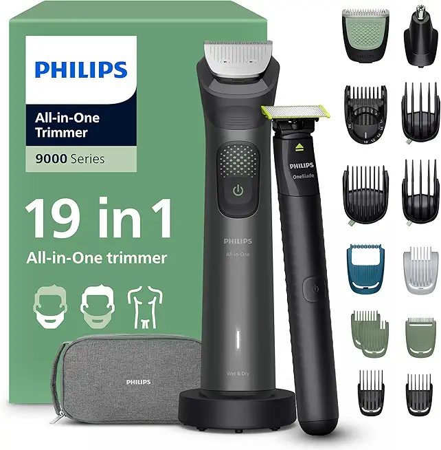 PHILIPS Multigroom Series 9000 All-in-One 19-teiliger Barttrimmer und Haarschneider + OneBlade-Trimmer - Komplettes Pflegeset für Gesicht, Kopf & Körper, 27 Längeneinstellungen (0,2-20 mm), MG9556/15