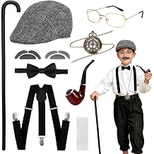 Old Man Costume for Kids, 1920s Grandpa Costume Accessories with Flat Cap Braces Bow Tie Fake Pipe Pocket Watch Mustache Set Walking Cane Glasses Gangster Grandpa Dress Up for Boys Halloween Cosplay
