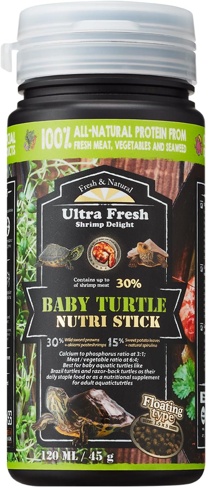 Ultra Fresh Floating Baby Turtle Food, All Natural Ingredients, Wild Sword Prawn, Calcium Vitamin D Enriched for Picky Aquatic Turtles, Baby Turtle Nutri Stick 1.6 oz
