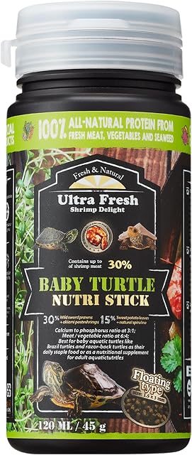 Ultra Fresh Floating Baby Turtle Food, All Natural Ingredients, Wild Sword Prawn, Calcium Vitamin D Enriched for Picky Aquatic Turtles, Baby Turtle Nutri Stick 1.6 oz