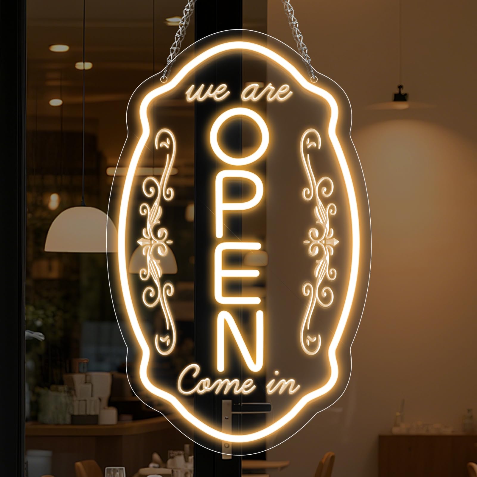 LED Open Neon Schild für Geschäfte, 41,91 x 25,4 cm Come in, We’re Open Schild, Warmweißes Neon Schilder mit einstellbarer Helligkeit für Bar, Salon, Läden, Clubs, Café, Restaurant, Hotels, Vertikal