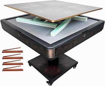 USA Mahjong Table Folding Roller Coaster Automatic Mahjong Table, Wooden Color American Style 36mm Numbered Tiles Built-in Reversible Hard Table Cover 4 Wooden Pusher Racks C400