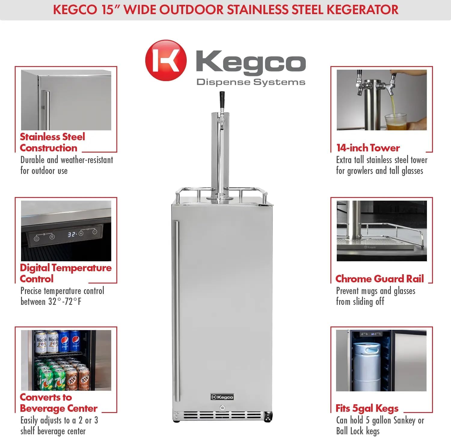 Kegco 15" Wide Single Tap Stainless Steel Built-In Outdoor Commercial Kegerator HK-15-SS