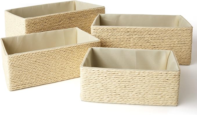 Storage Baskets Set 4 - Stackable Woven Basket Paper Rope Bin