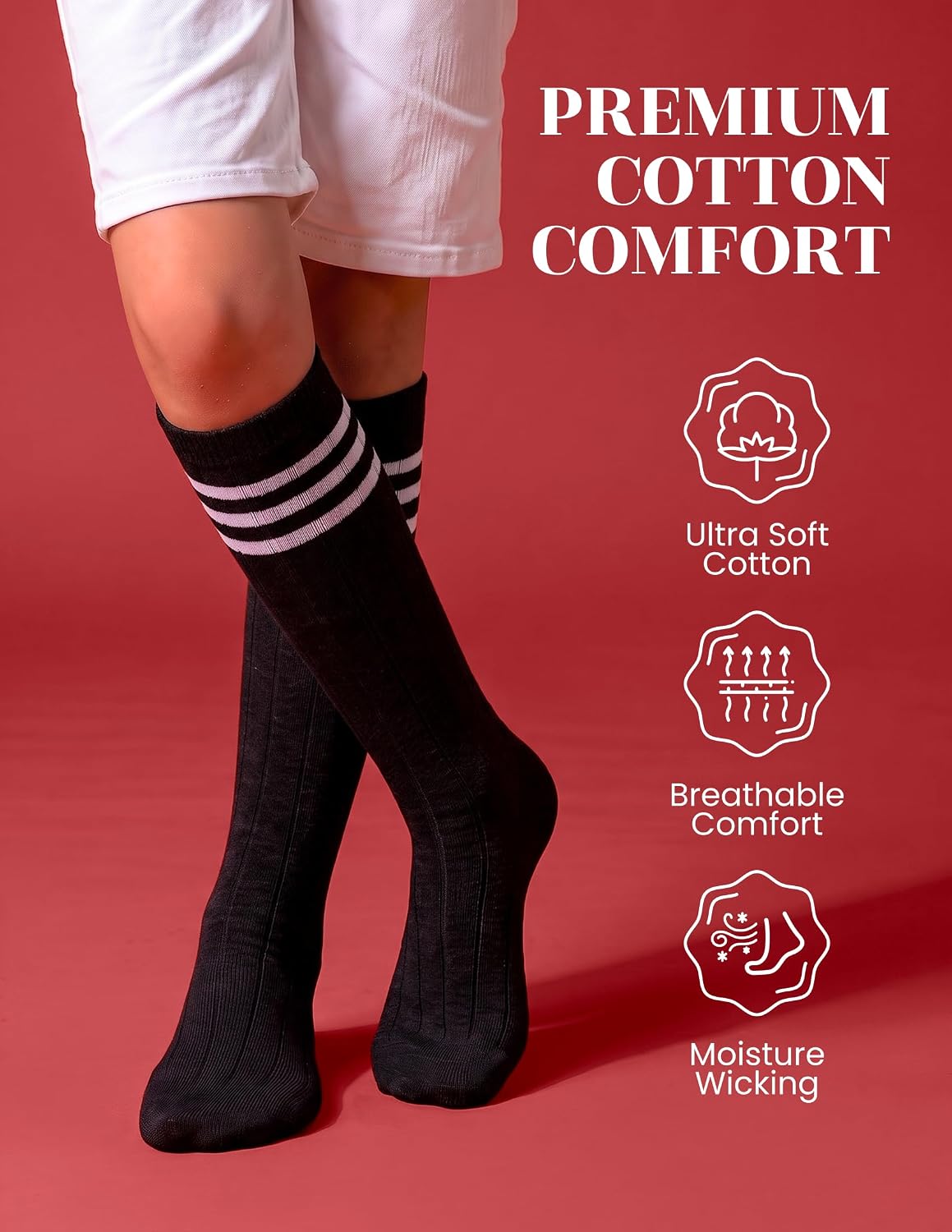 Hugh Ugoli Knee High Cotton Socks with Stripes for Girls, Kids, Boys 4 Pair