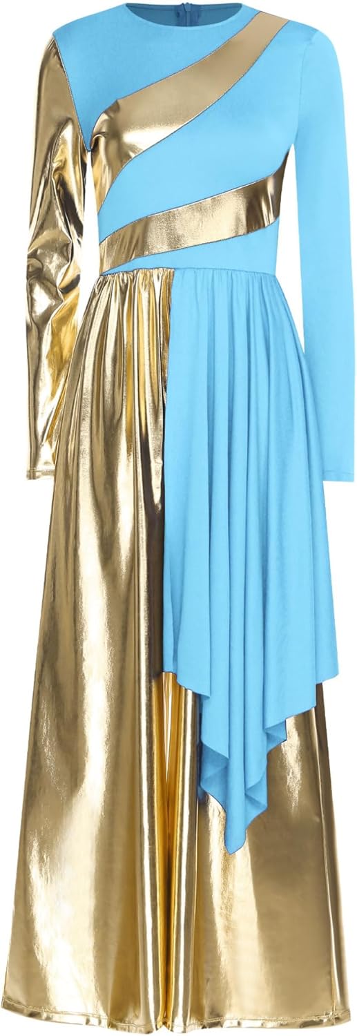 easyforever Women Long Sleeve Praise Dance Dress with Metallic Wide Leg Pants Overlay Worship Gowns