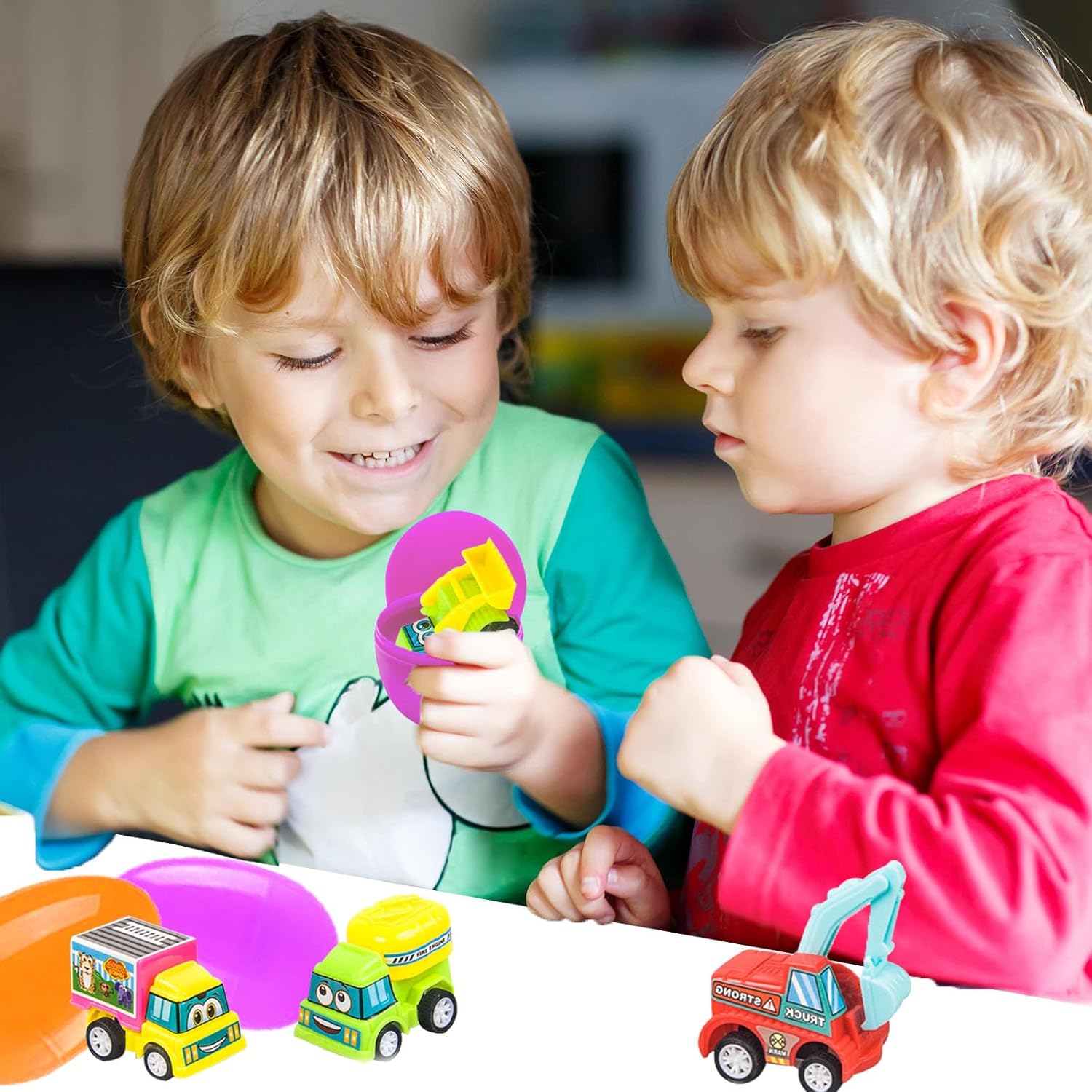 Prefilled Plastic Easter Eggs Filled with Pull-Back Engineering Vehicles, 12Pack Filled Cars Toy for Eggs Hunt, Easter Basket Stuffer