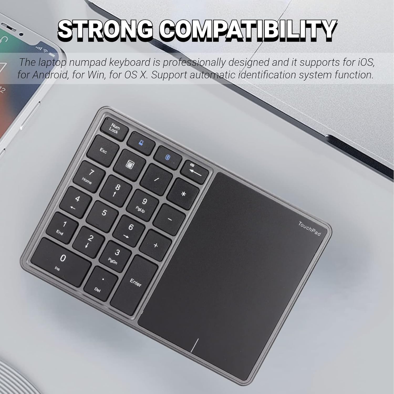 Yunseity Numeric Keypad, 22 Keys Bluetooth Number Pad with Touchpad, Rechargeable Financial Accounting Number Keyboard Numpad for Laptop Computer(Grey)