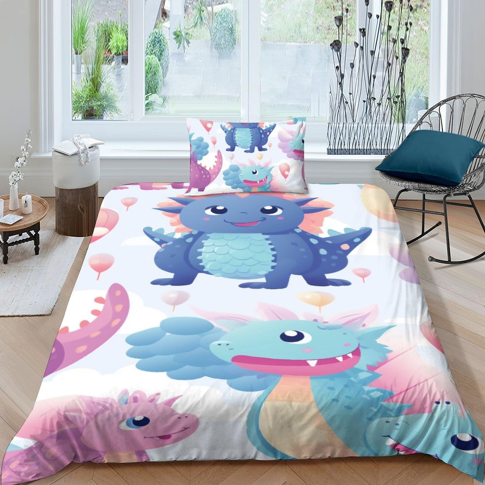 Housse de couette dragon 3D 135x200 parure de lit en microfibre avec ses taies d'oreiller