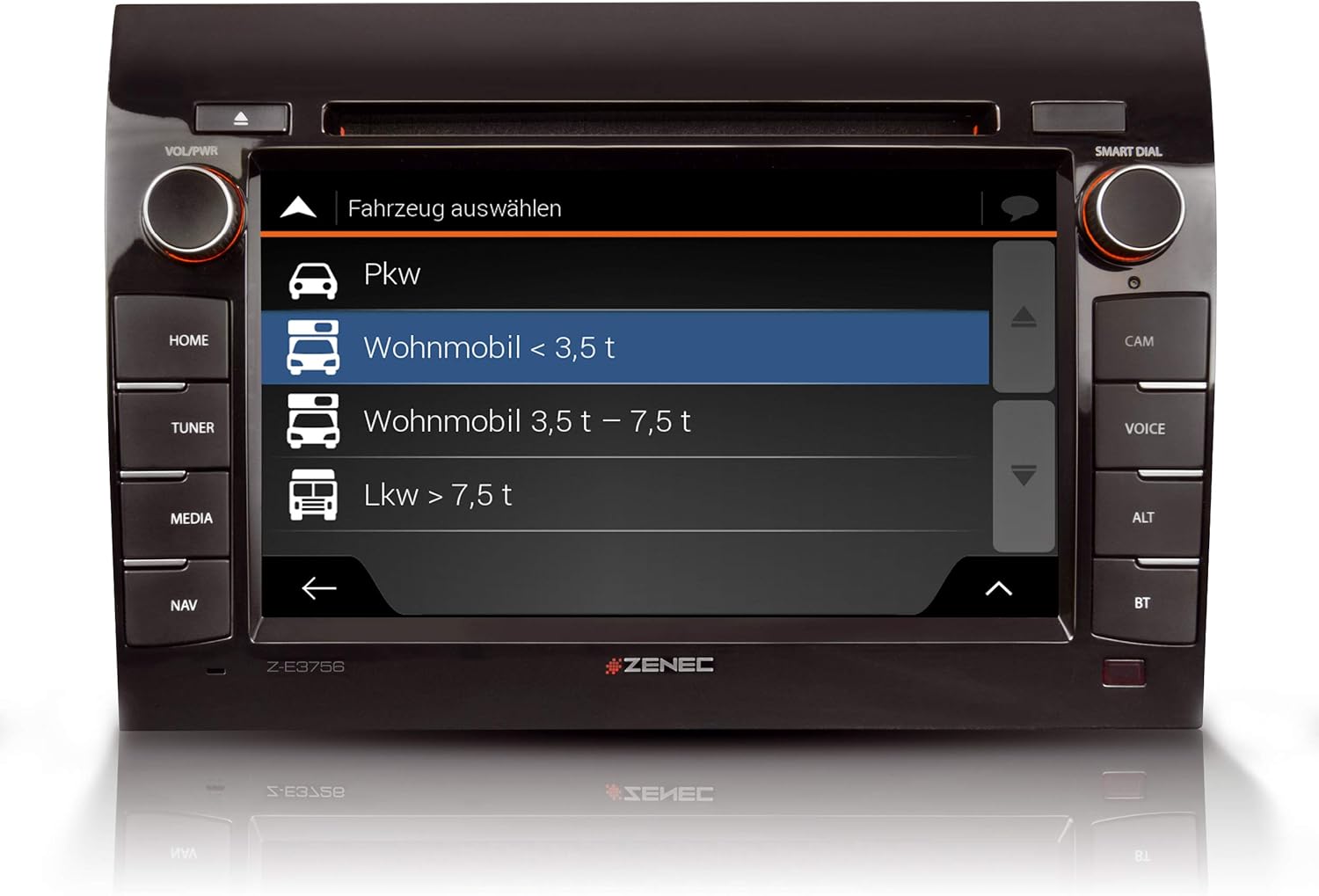 ZENEC Z-E3756 display showing vehicle type selection for navigation