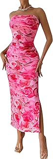 Women's Summer Maxi Bodycon Dresses Strapless Tube Top Slit Floral Printed Party Club Long Dress - Buy now