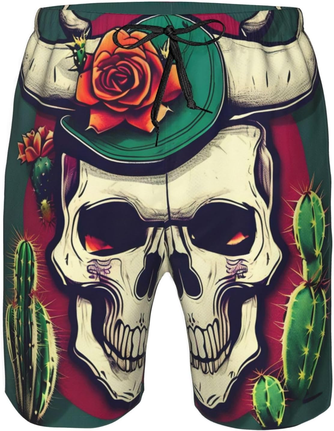 Mens Skull of Bull and Cute Cactus Print Beach Shorts,Casual Summer Shorts for Men,Quick Dry Polyester