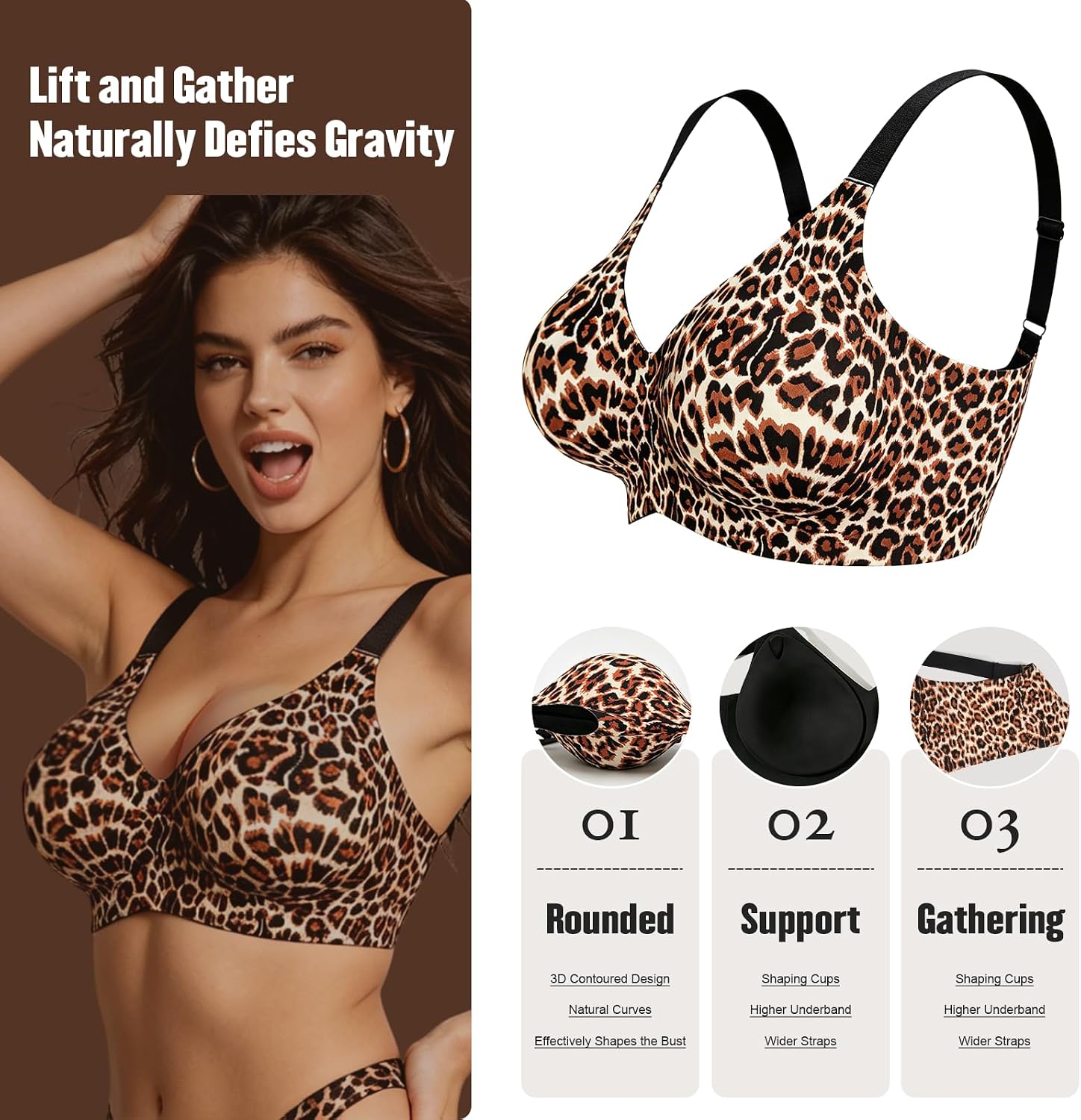 Lervanla Plus Size Leopard Print Mastectomy Bra with Prosthesis Pockets | Wireless Post Surgery Bra, Plus size 1XL-4XL, adjustable wide straps, 4-row hook back, post mastectomy daily support bra