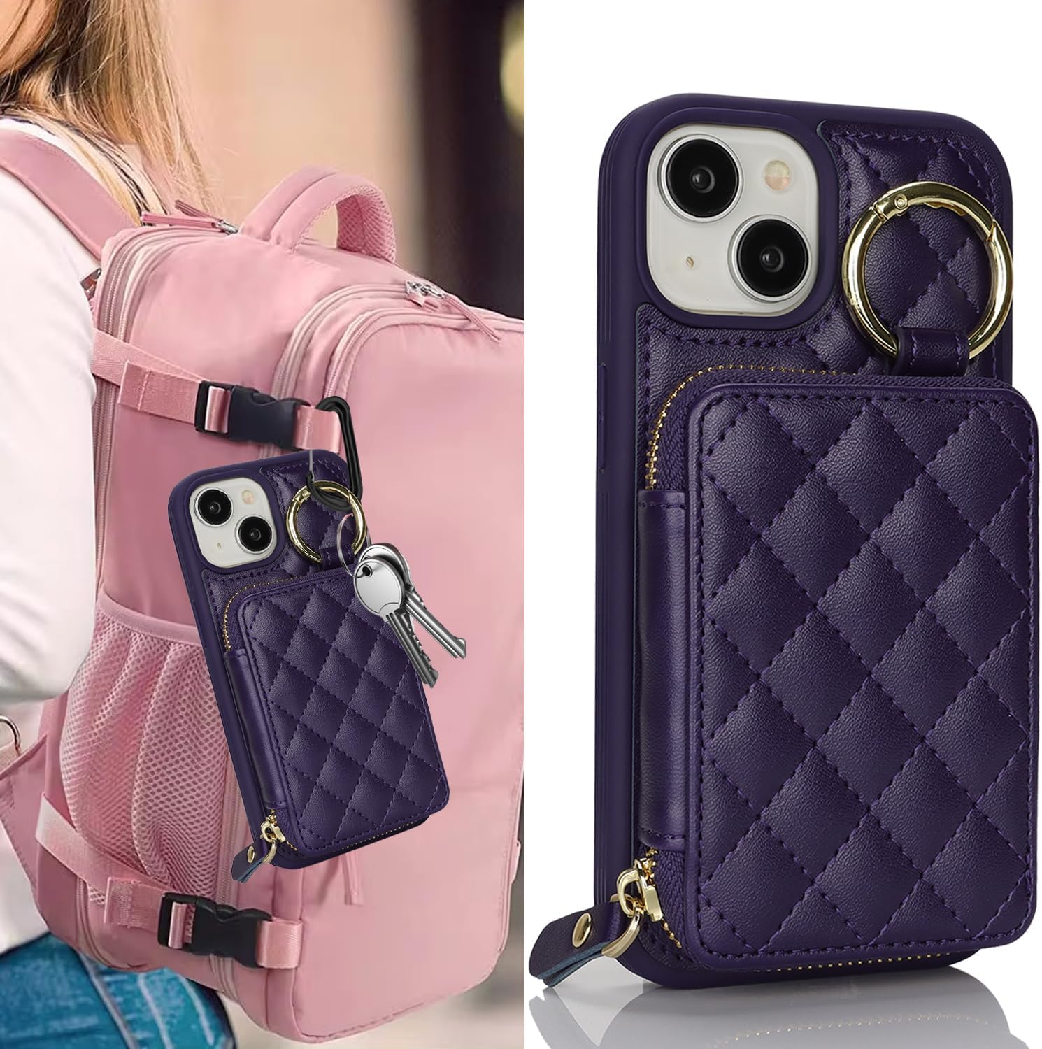 for iPhone 14 Case Wallet with Card Holder,for iPhone 14 Phone case Wallet with Zipper with Slot Kickstand Stand Case for Women and Man 5G 6.1 Inch-Purple