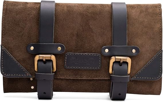 Trip Machine Genuine Leather Motorcycle Tool Roll Bag Water Resistant Suede Mountable Tool Organizer with 20 Slots & Zipper Pocket Heavy Duty Riding Tool Kit Holder Tobacco Black