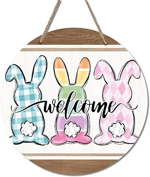 Easter Decorations Door Sign,Wooden Cute Bunny Welcome Easter Door Hanger Easter Door Wreath Hanging Ornament Plaque Rabbit Sign Indoor Outdoor Farmhouse Home Front Door Porch Wall Window Spring Decor