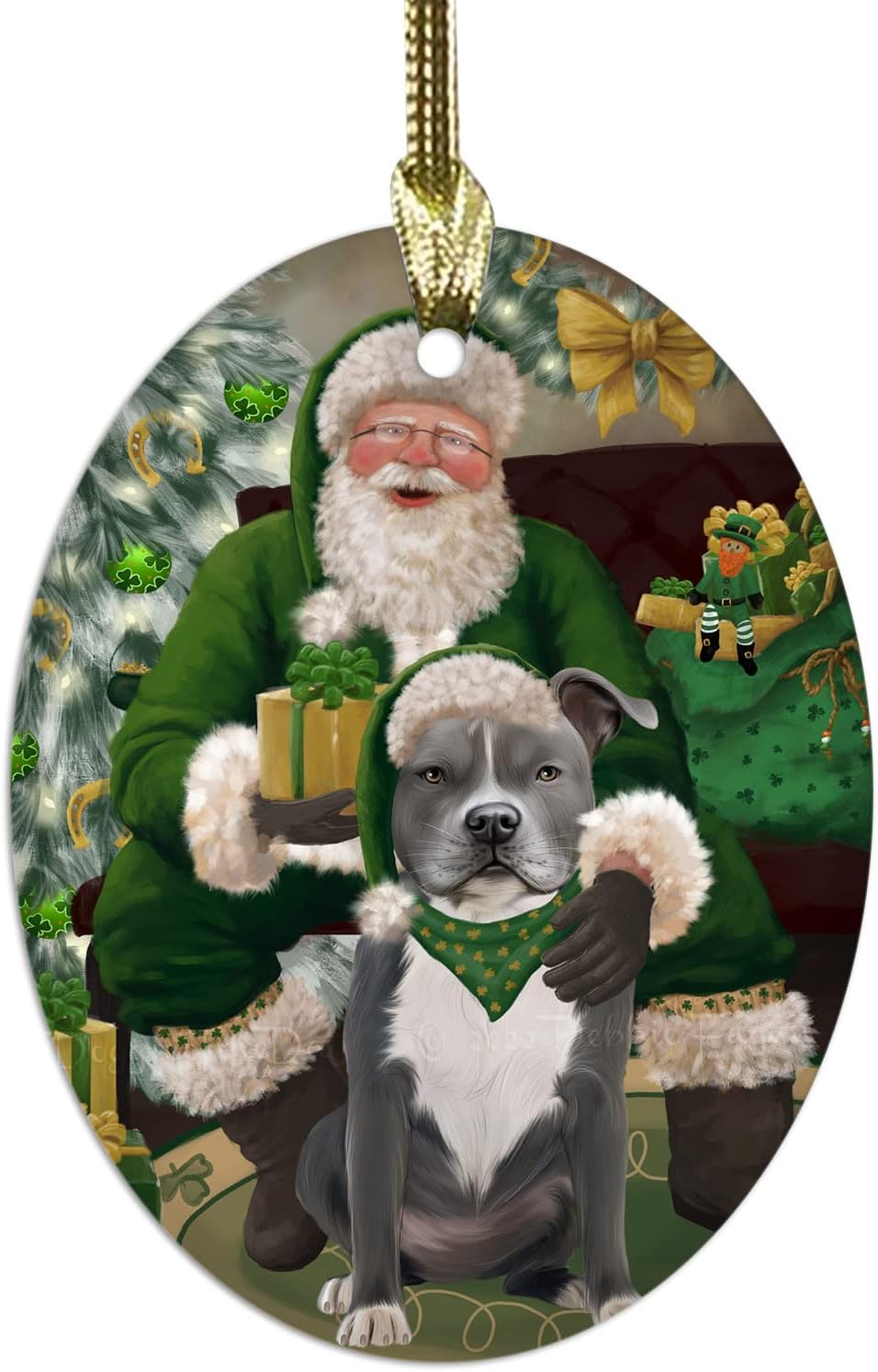 Irish Santa with Gift and American Staffordshire Dog Oval Glass Christmas Ornament- 3.75" x 2.75" Oval Pet Decorative Hanging Ornaments for Christmas X-mas Tree Decorations, OGO53666