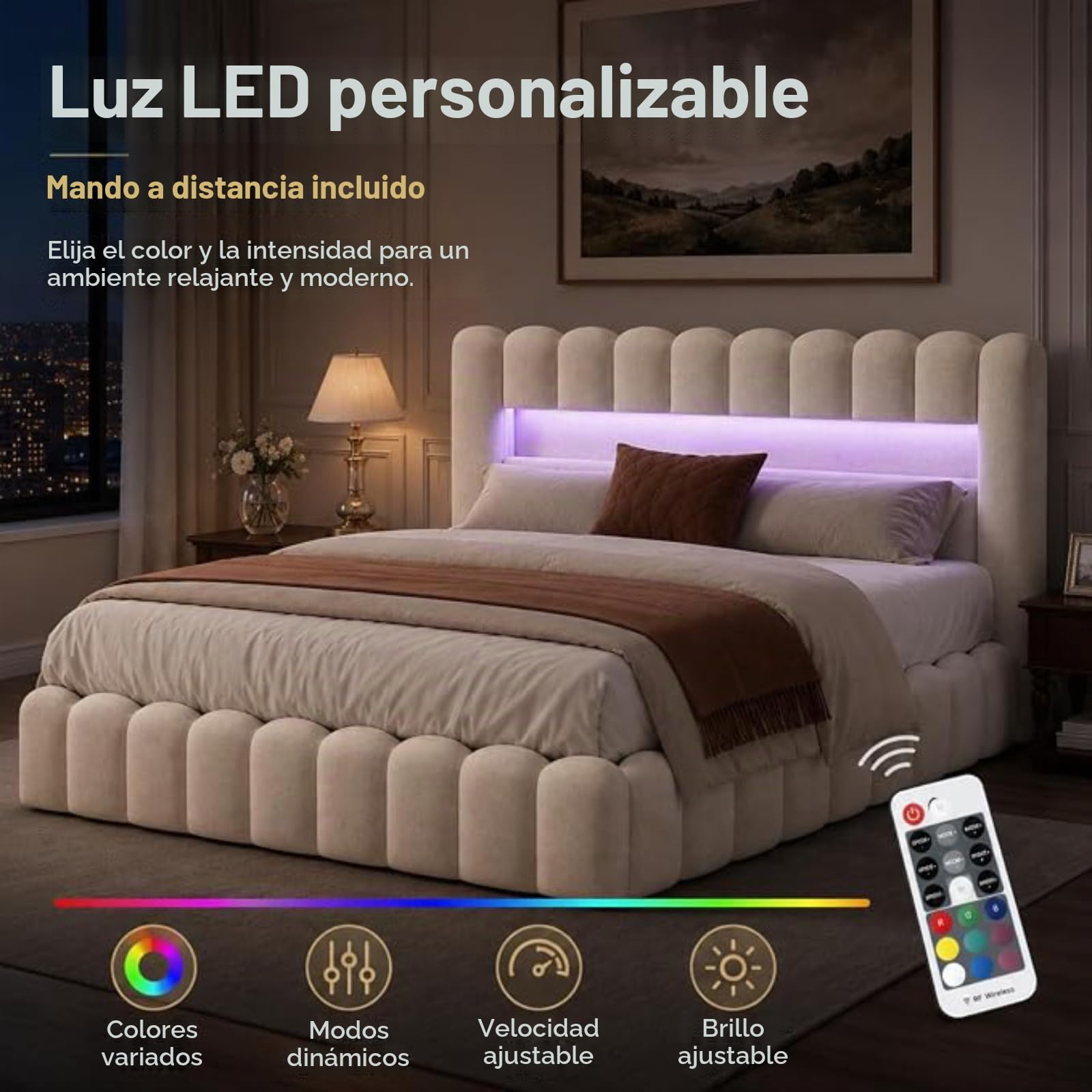 Fofetbfo Cama Baúl 140 x 200 cm, Burbuja Cama Doble Acolchado con Iluminación LED y Tipo-C y USB, Cama Capitonada con Almacenamiento, Marco de Cama Hidráulica con Somier de Latte, Lino (Beige, 140 x