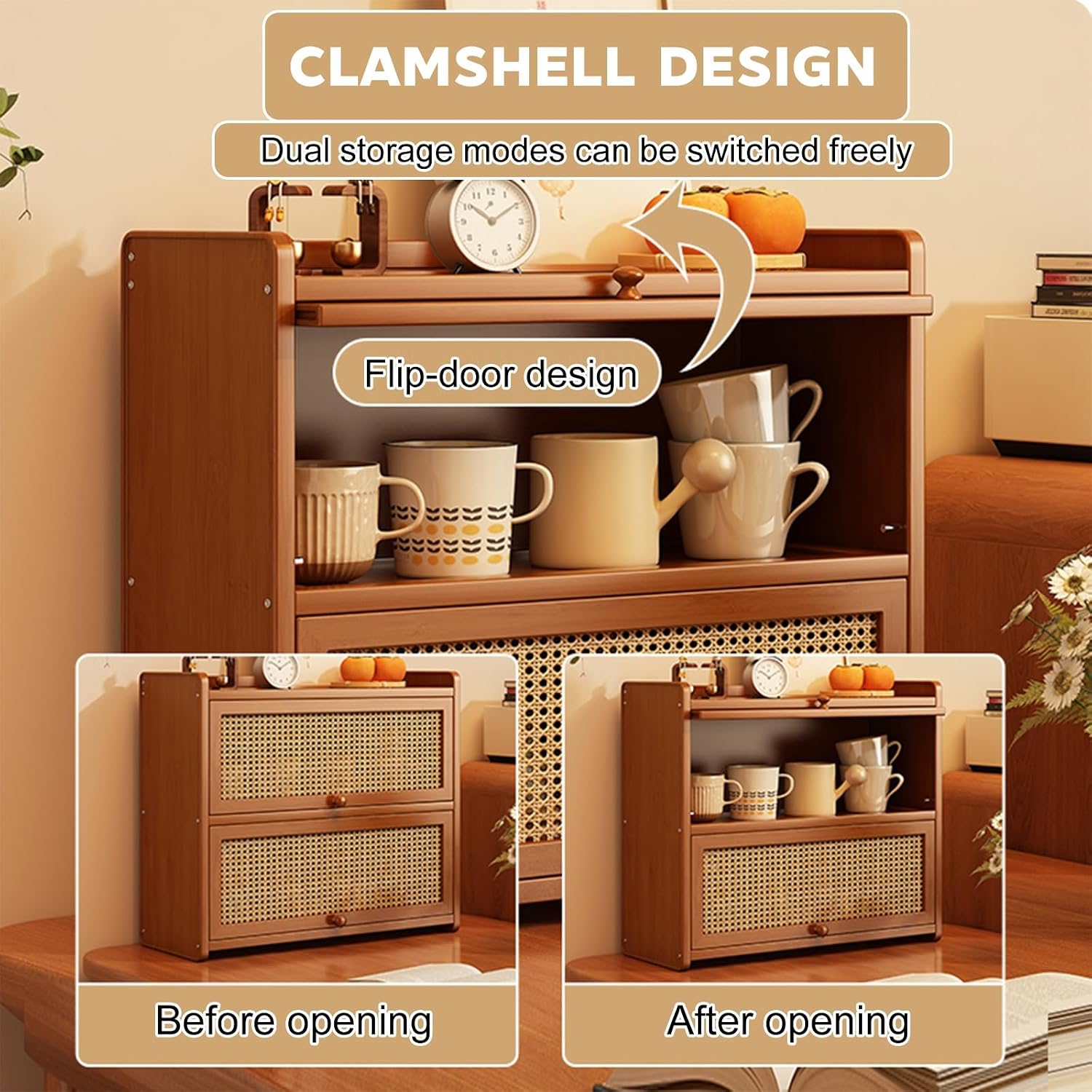 Open Dorm Desktop Storage Shelf,Wooden 2 Tier Office Storage Rack, with Switchable Cabinet Door, Dressing Tabletop Display Rack, Desktop Organizer for Dorm, Office, Home
