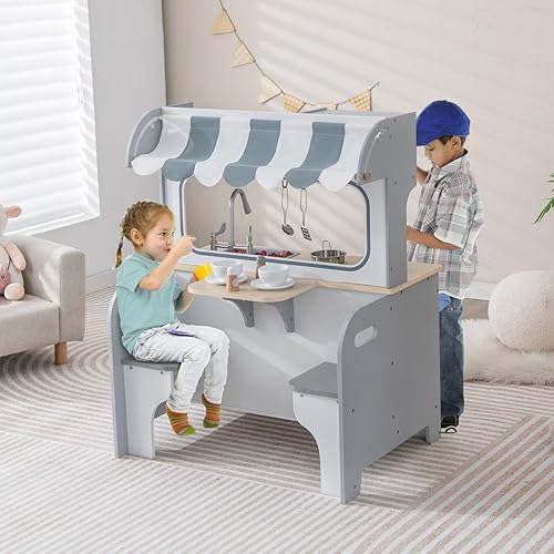 Miniatura 8 de GLACER Cocina de juego 2 en 1, juguetes de juego de simulación de doble cara, juegos de cocina y mesa auxiliar con accesorios de cocina, microondas,