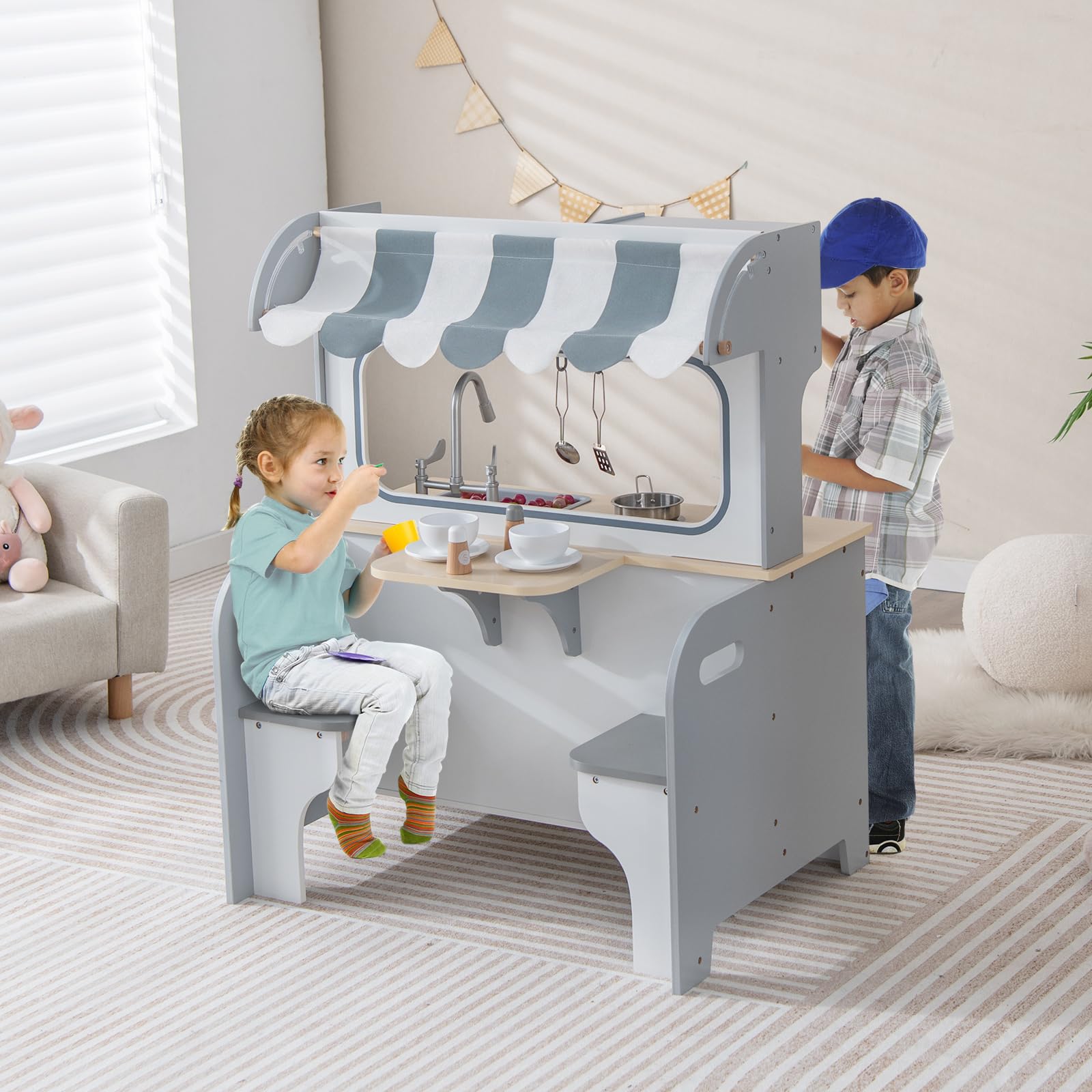 COSTWAY 2 in 1 Kinderküche mit Zubehör, Spielküche mit Restaurant zum Kochen & Servieren, Holzküche inkl. Wasserhahn Spüle Herd Ofen Handtuchhalter Haken, Spielzeugküche für Kinder ab 3 Jahren