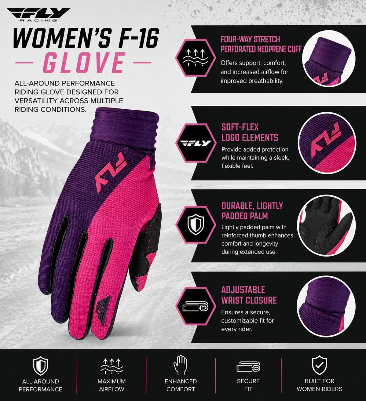 Fly Racing Women's F-16 Motocross Gloves, Lightweight Racing MTB MX BMX Gear