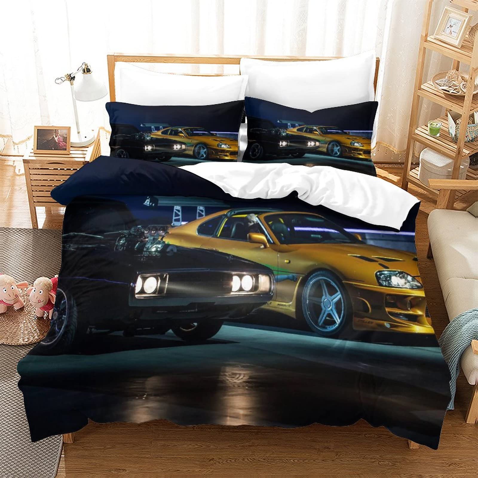 VOSILE Fast & Furious Down Duvet Cover Three-piece Bedding Breathable, Warm And Easy to Care Zipper Closure Quilt Cover Suitable for Children, Teenagers, Children Double（200x200cm）