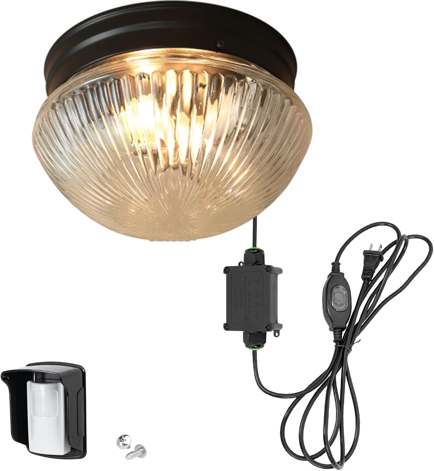 Motion Sensor Iron & Glass American Style Antique Ceiling Light for Porch Patio, Wireless PIR Detector, Anti-Rust American Iron Frame, No Wiring Required Plug-in Ceiling Fixture